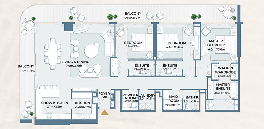 Fairmont Residences Al Marjan Island 3 Bedroom Apartment Floor Plan